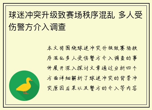 球迷冲突升级致赛场秩序混乱 多人受伤警方介入调查 球迷冲突升级致赛场秩序混乱 多人受伤警方介入调查
